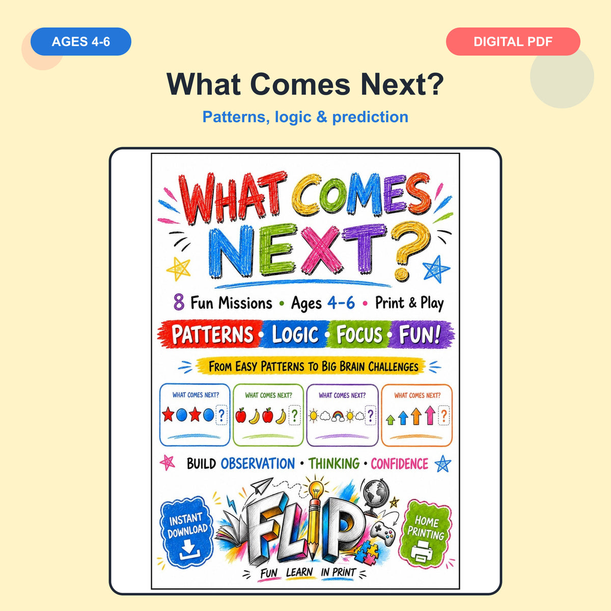 What Comes Next? – 8 Printable Missions | Ages 4–6