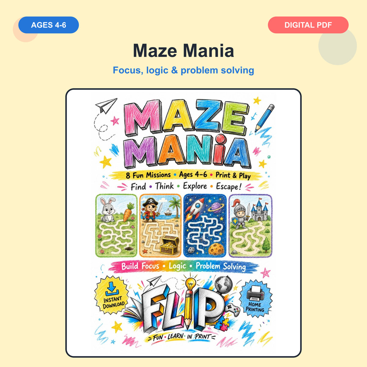 Maze Mania – 8 Printable Mazes | Ages 4–6