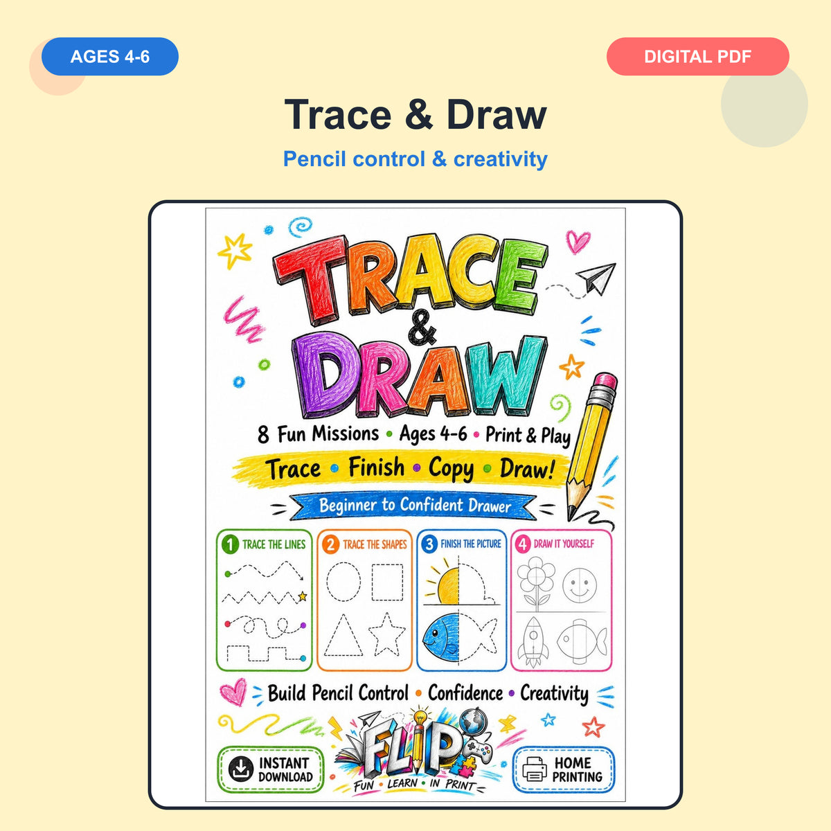 Trace & Draw – 8 Printable Missions | Ages 4–6