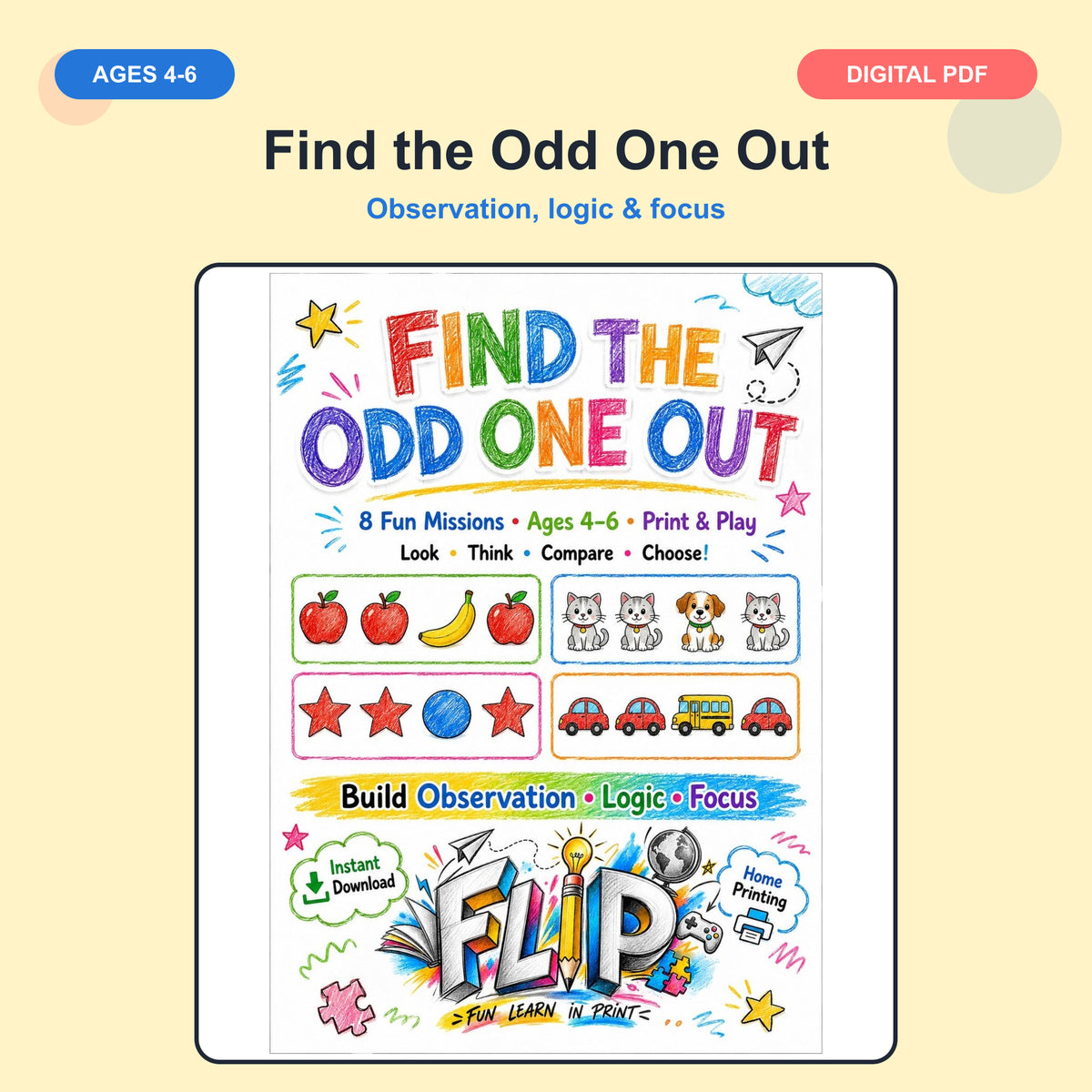 Find the Odd One Out – 8 Printable Missions | Ages 4–6