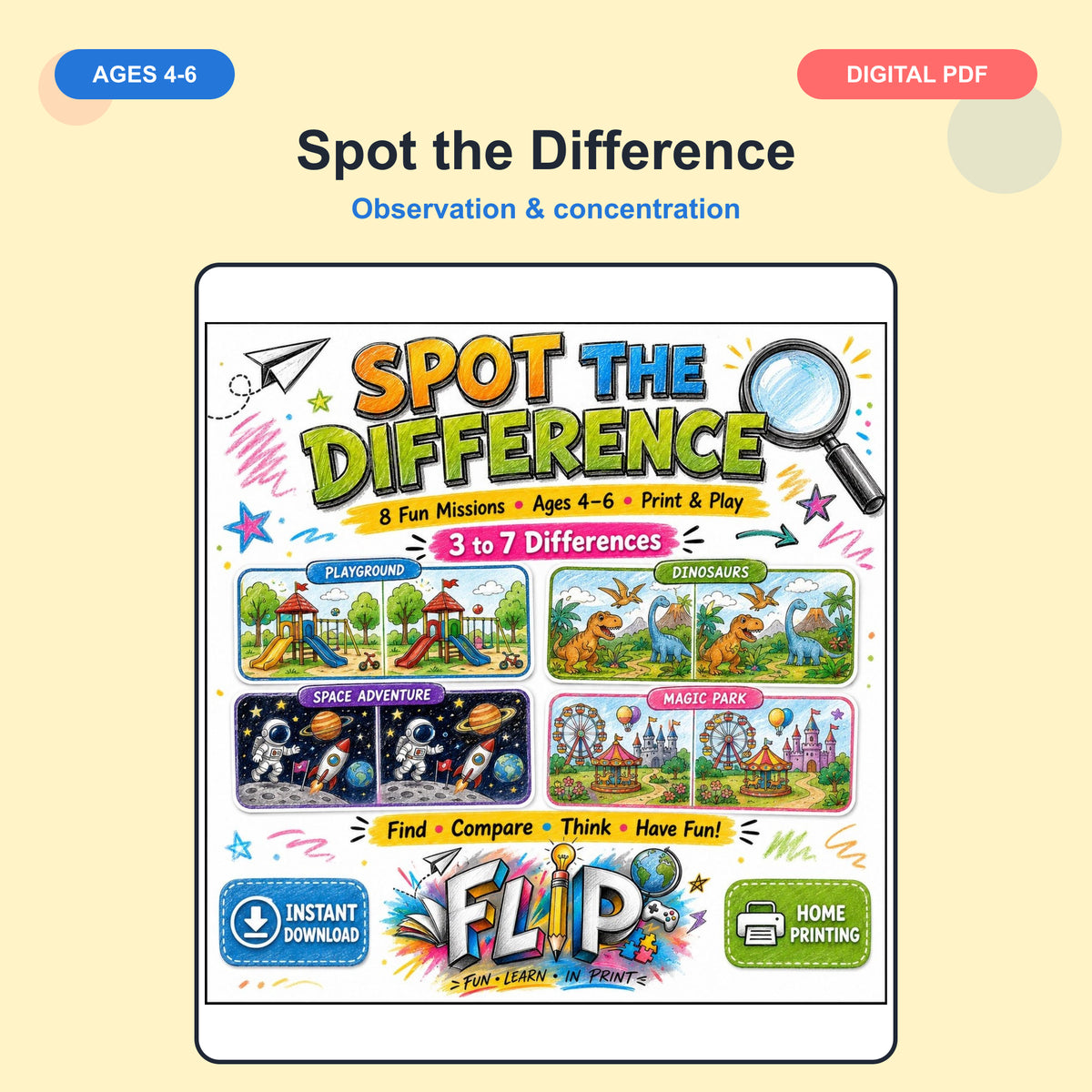 Spot the Difference – 8 Printable Missions | Ages 4–6