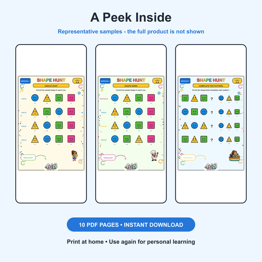 Shape Hunt – 8 Printable Missions | Ages 4–6