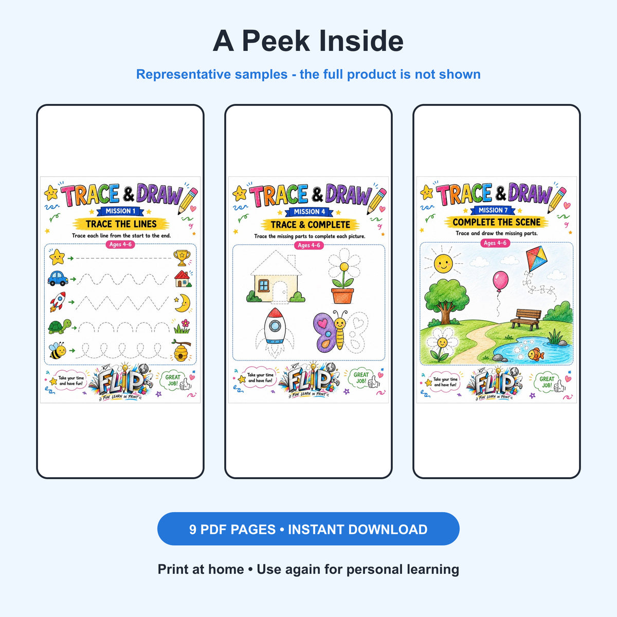 Trace & Draw – 8 Printable Missions | Ages 4–6