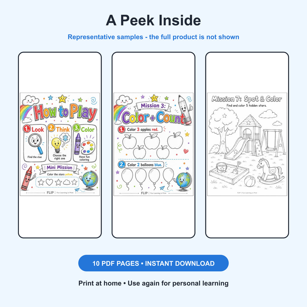 FLIP Color Quest – 8 Printable Missions | Ages 4–6