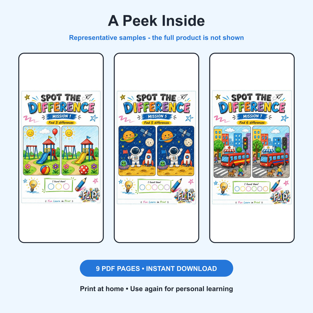 Spot the Difference – 8 Printable Missions | Ages 4–6