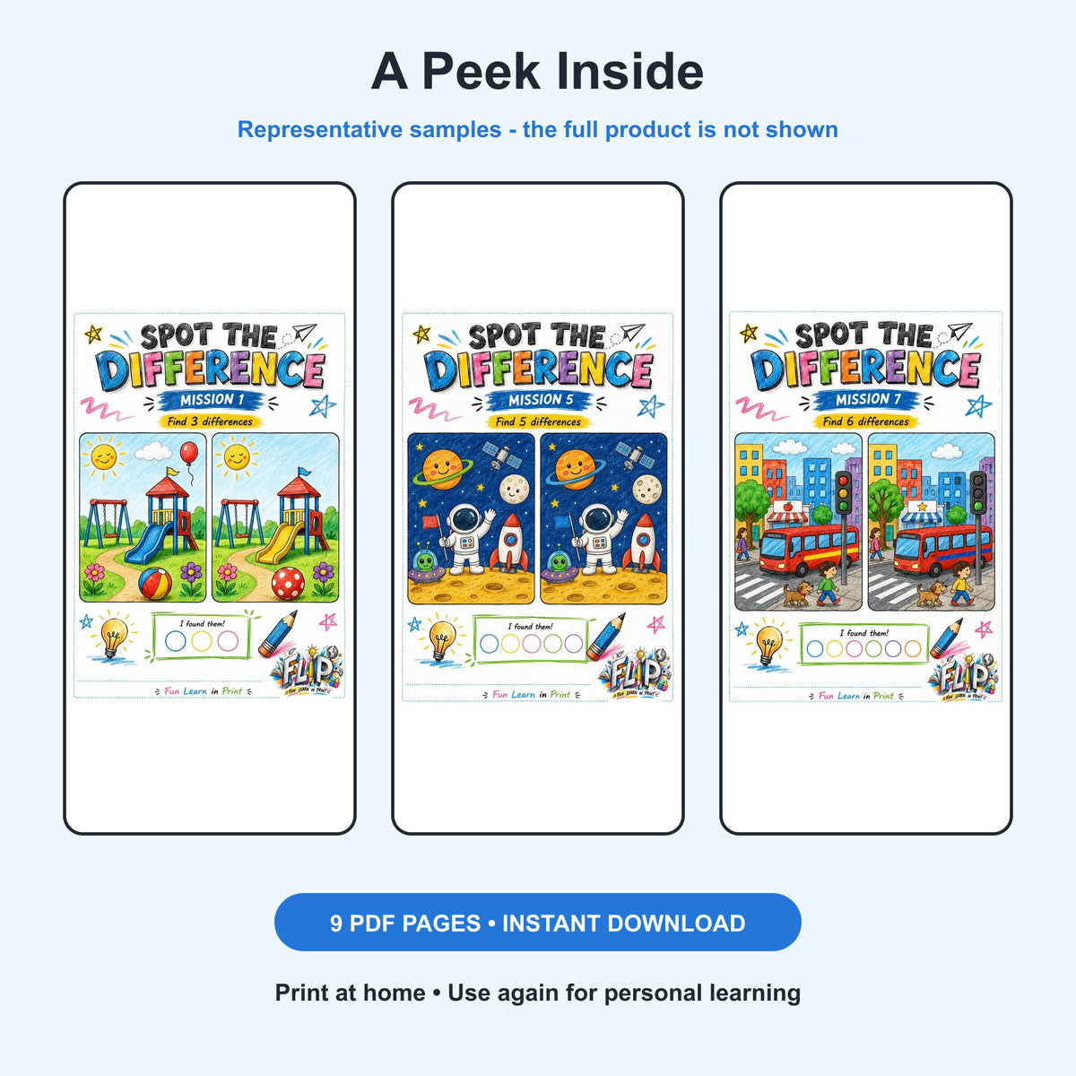 Spot the Difference – 8 Printable Missions | Ages 4–6