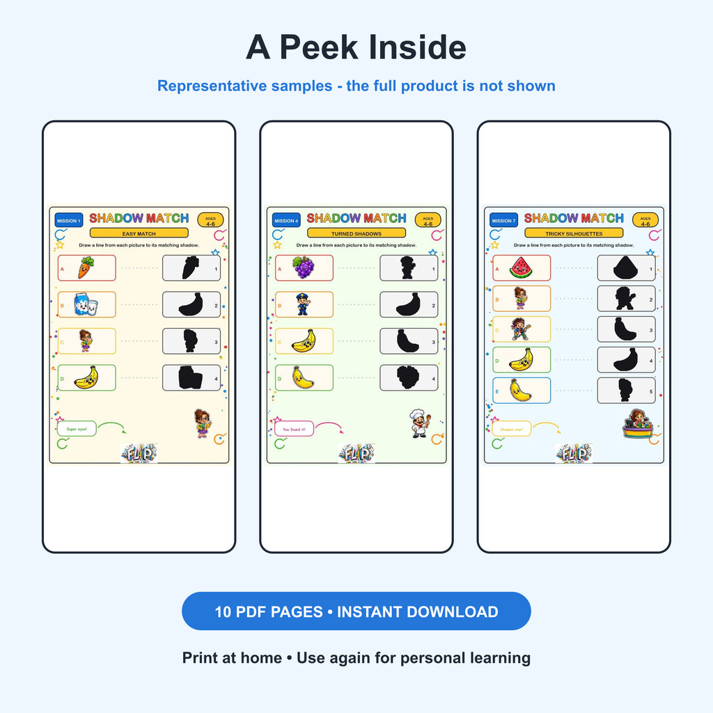 Shadow Match – 8 Printable Missions | Ages 4–6