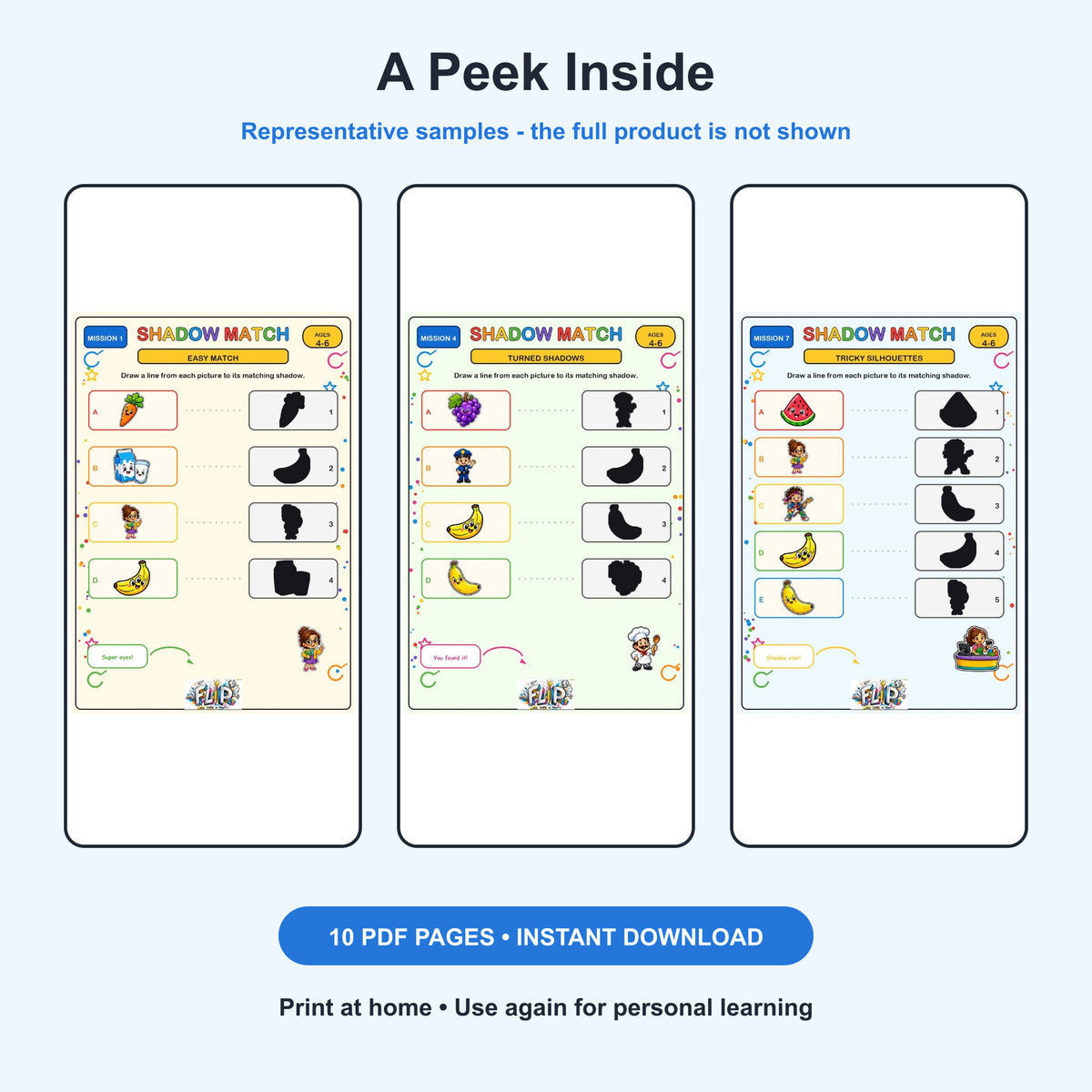 Shadow Match – 8 Printable Missions | Ages 4–6