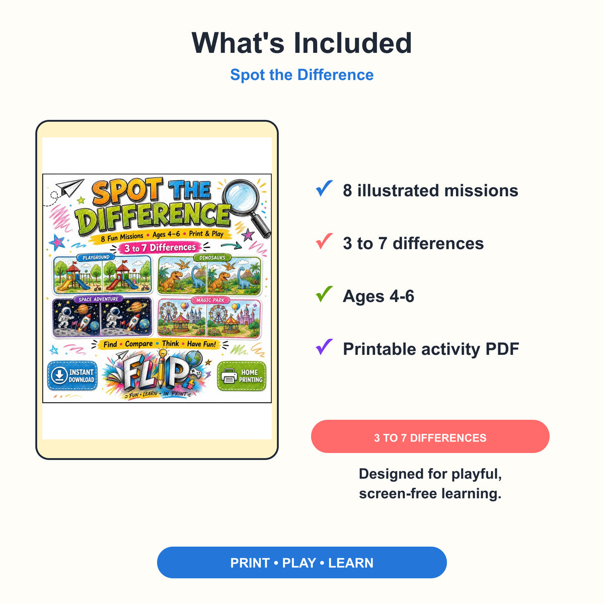 Spot the Difference – 8 Printable Missions | Ages 4–6