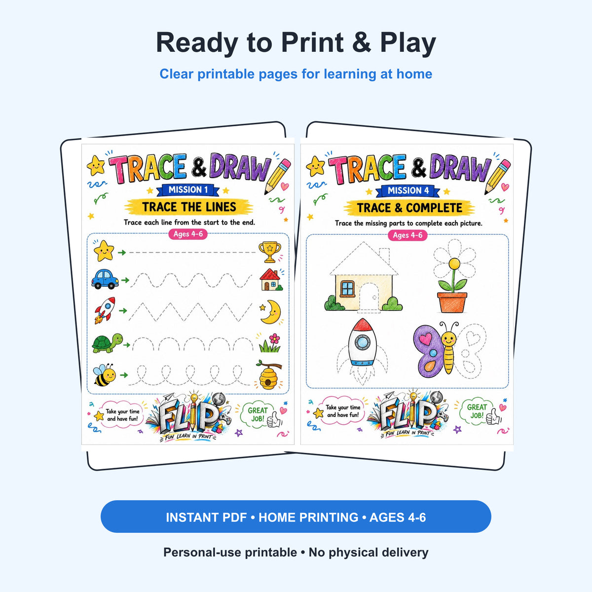 Trace & Draw – 8 Printable Missions | Ages 4–6