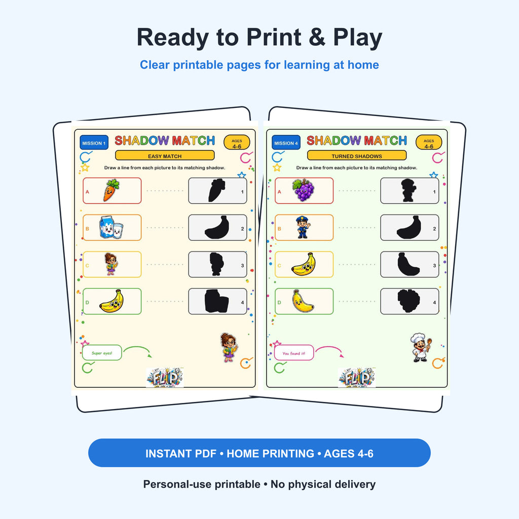 Shadow Match – 8 Printable Missions | Ages 4–6