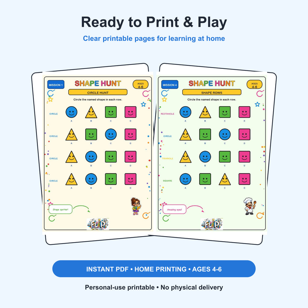 Shape Hunt – 8 Printable Missions | Ages 4–6