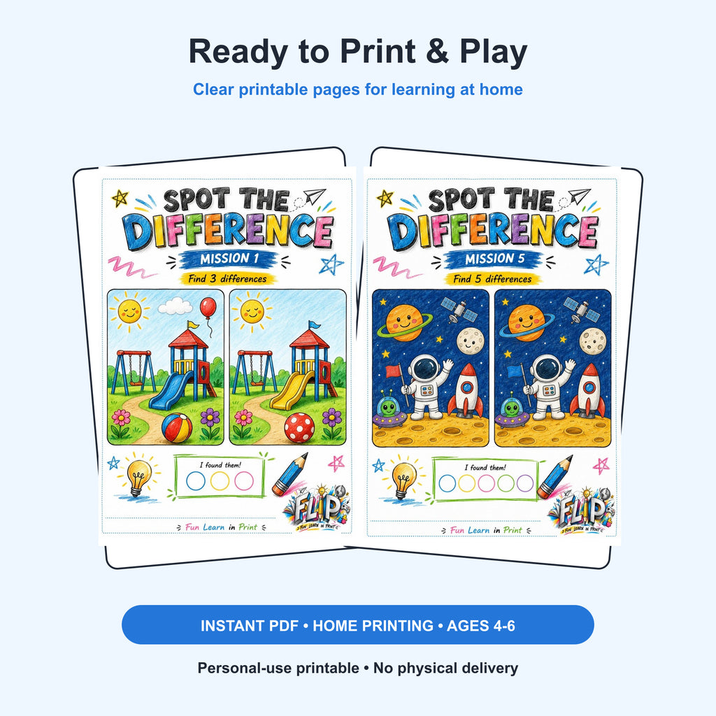 Spot the Difference – 8 Printable Missions | Ages 4–6