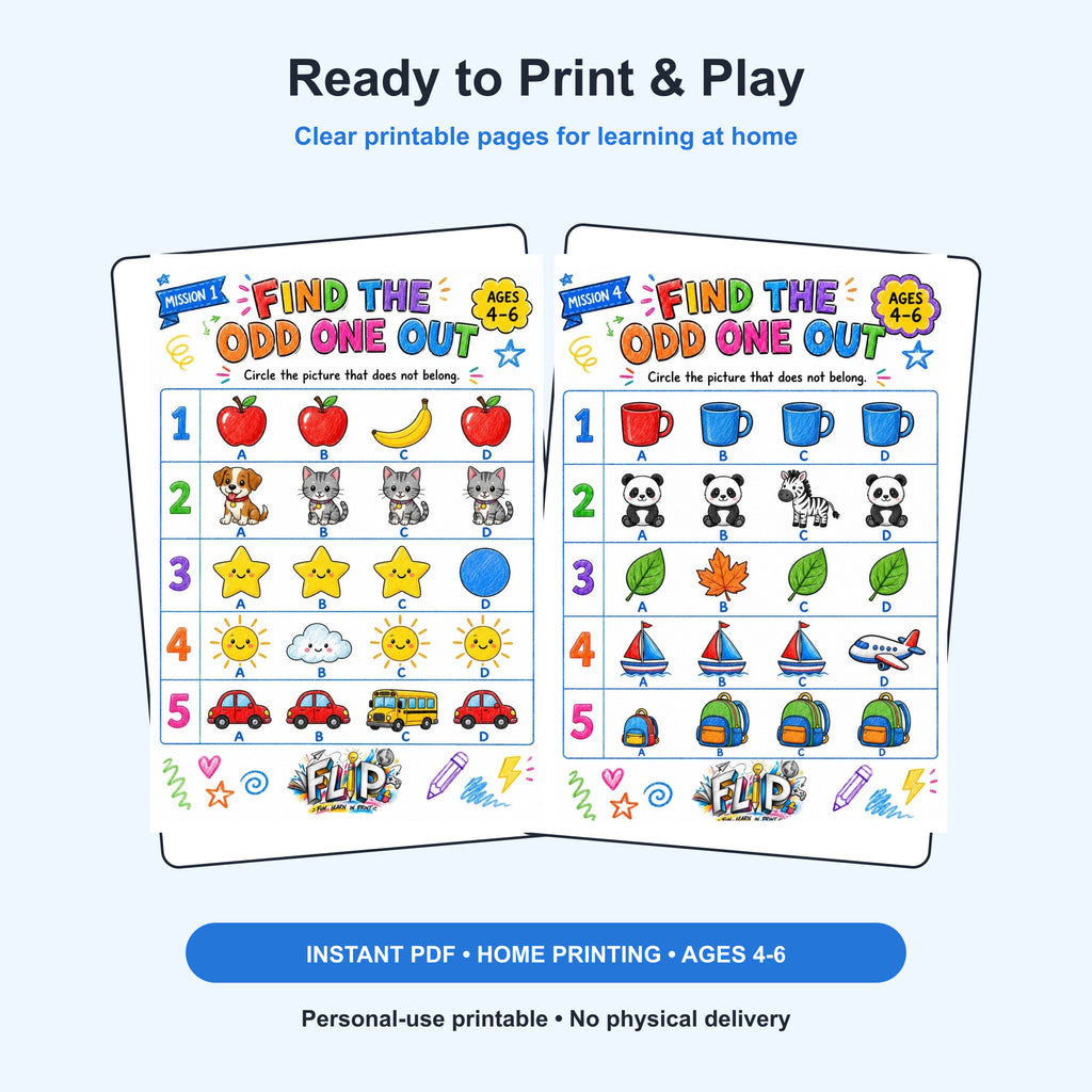 Find the Odd One Out – 8 Printable Missions | Ages 4–6