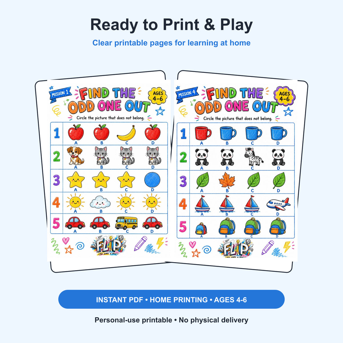 Find the Odd One Out – 8 Printable Missions | Ages 4–6