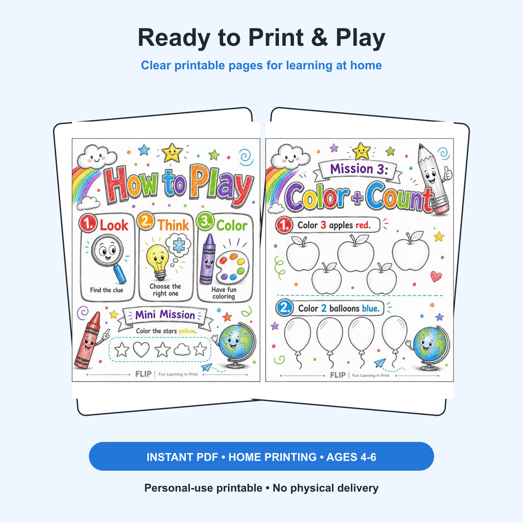 FLIP Color Quest – 8 Printable Missions | Ages 4–6